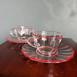 Vintage Duralex France Glass Teacups Saucers Red Rim Set 2 Unique Retro French